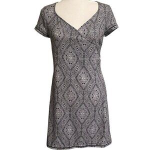 PrAna‎ Victoria Faux Wrap Dress Black White Geometric V-Neck Short Sleeve Size S